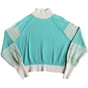 We The Free Aqua and Cream Turtleneck Sweater